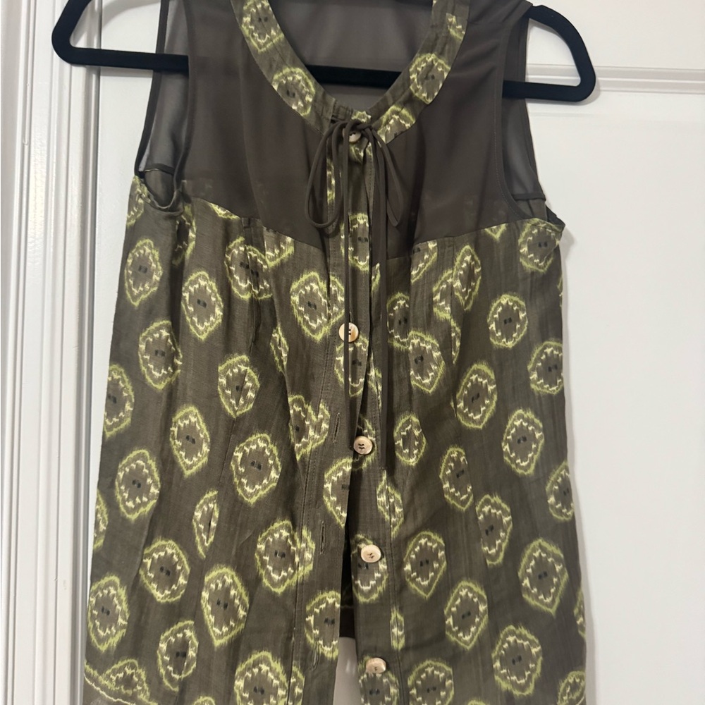 Worth Olive Patterned Blouse with Sheer Accents